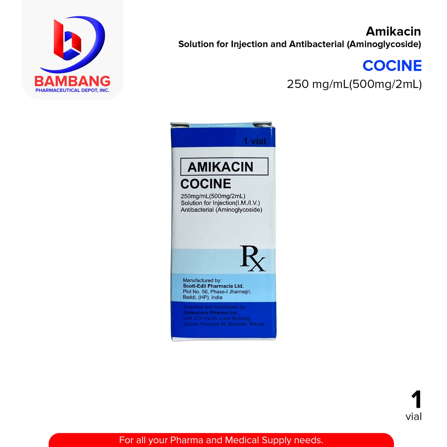 COCINE Amikacin 250mg/ml 500mg/2ml Solution for Injection I.M / I.V Vial 1's
