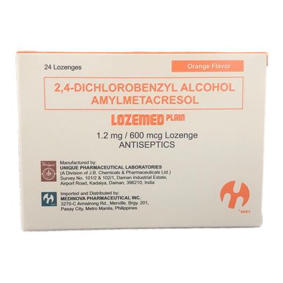 LOZEMED 2,4 Dichlorobenzyl Alcohol Amylmetacresol Plain 1.2mg/600mcg Antiseptics Orange Flavor Lozenges 24's