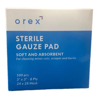 OREX Sterile Gauze Pad Soft and Absorbent 3" x 3" - 8Ply 24x28 Mesh Pieces 100's