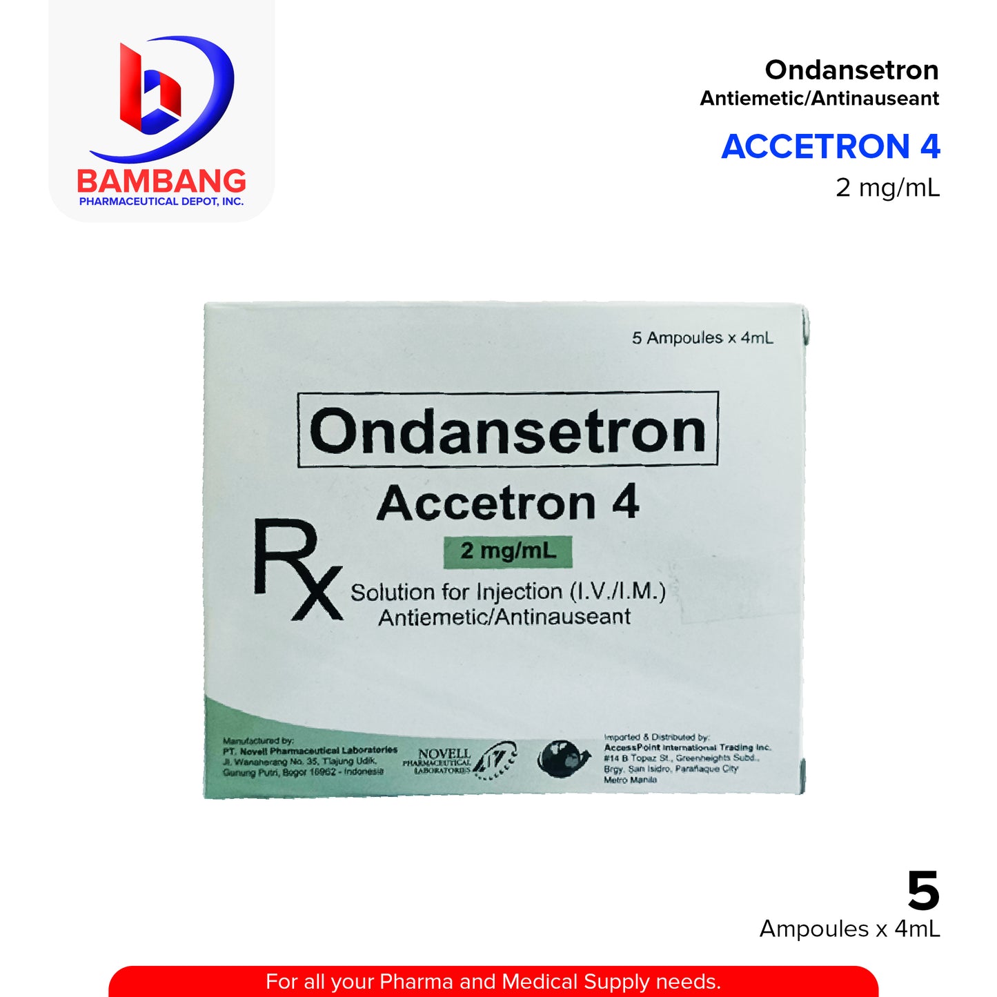ACCETRON 4 Ondasetron Antiemetic/Antinauseant 2mg/mL 5's