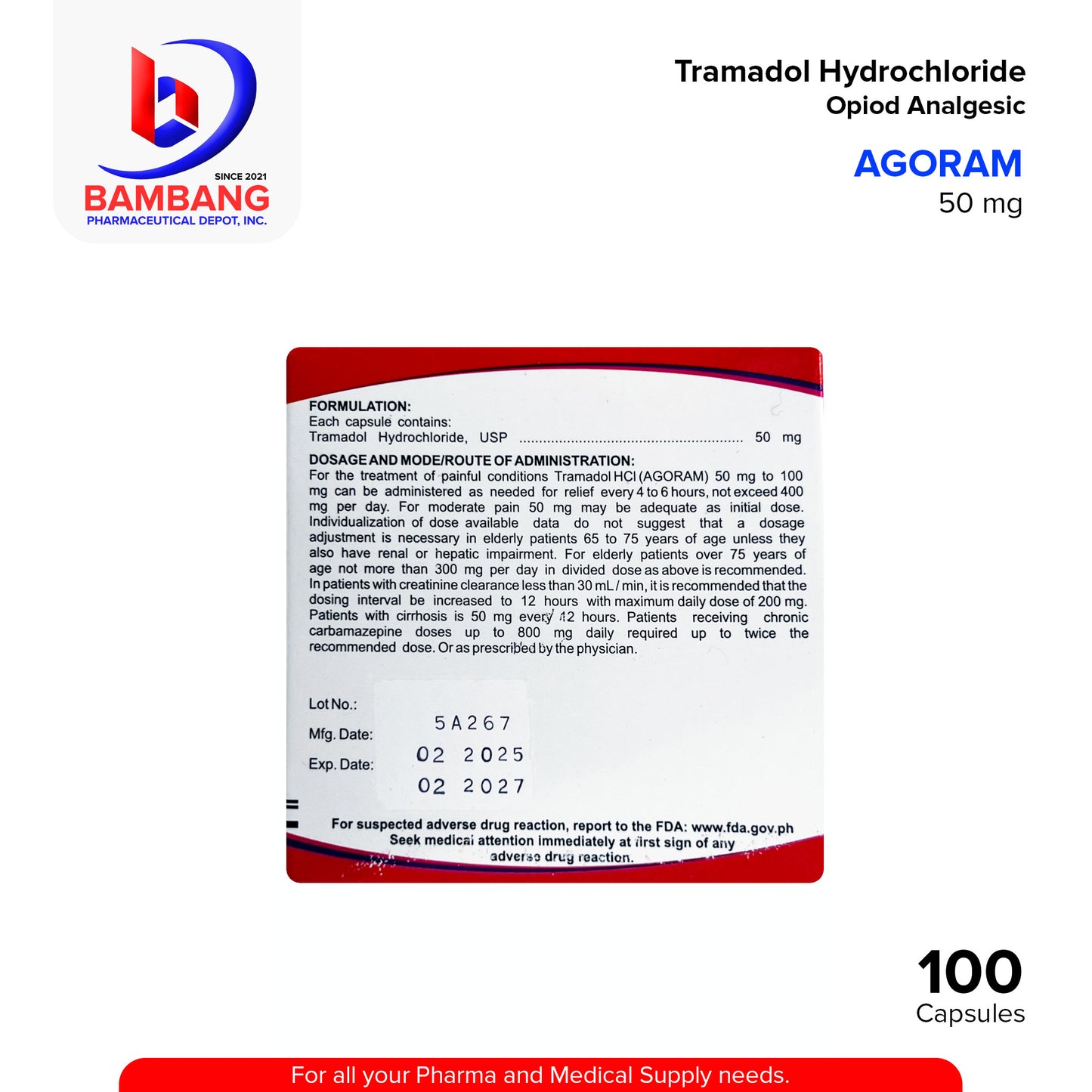 AGORAM Tramadol Hydrochloride Opioid Analgesic 50 mg Capsule 100's