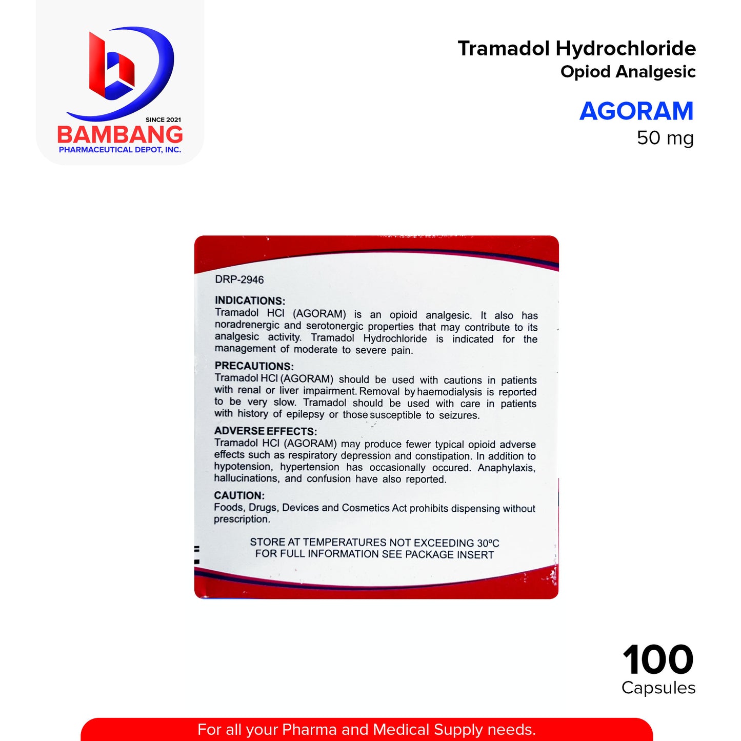 AGORAM Tramadol Hydrochloride Opioid Analgesic 50 mg Capsule 100's