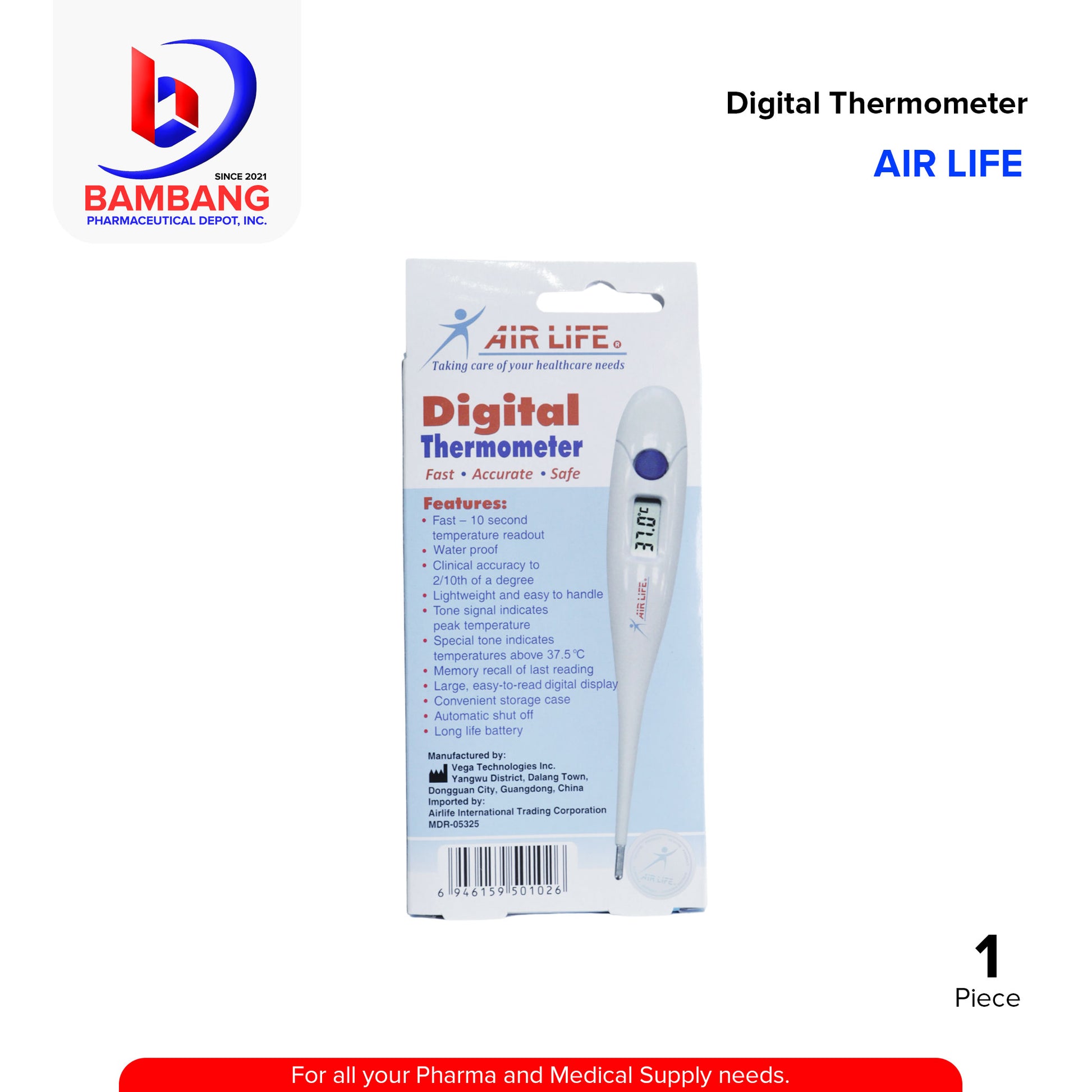 AIR LIFE Digital Thermometer Clinical Accuracy with Fever Alarm and Water Proof 1's