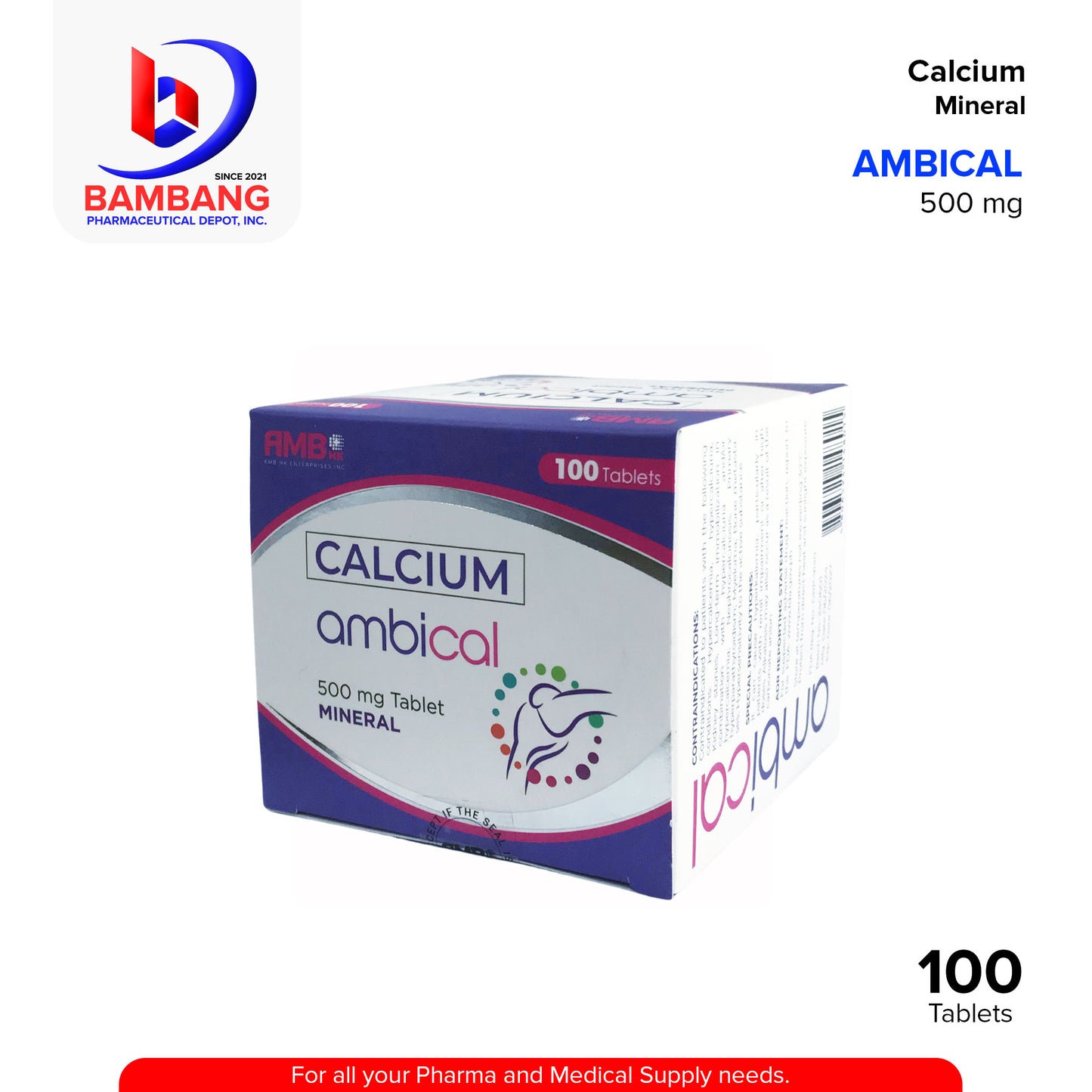AMBICAL Calcium Mineral 500mg Tablet 100's