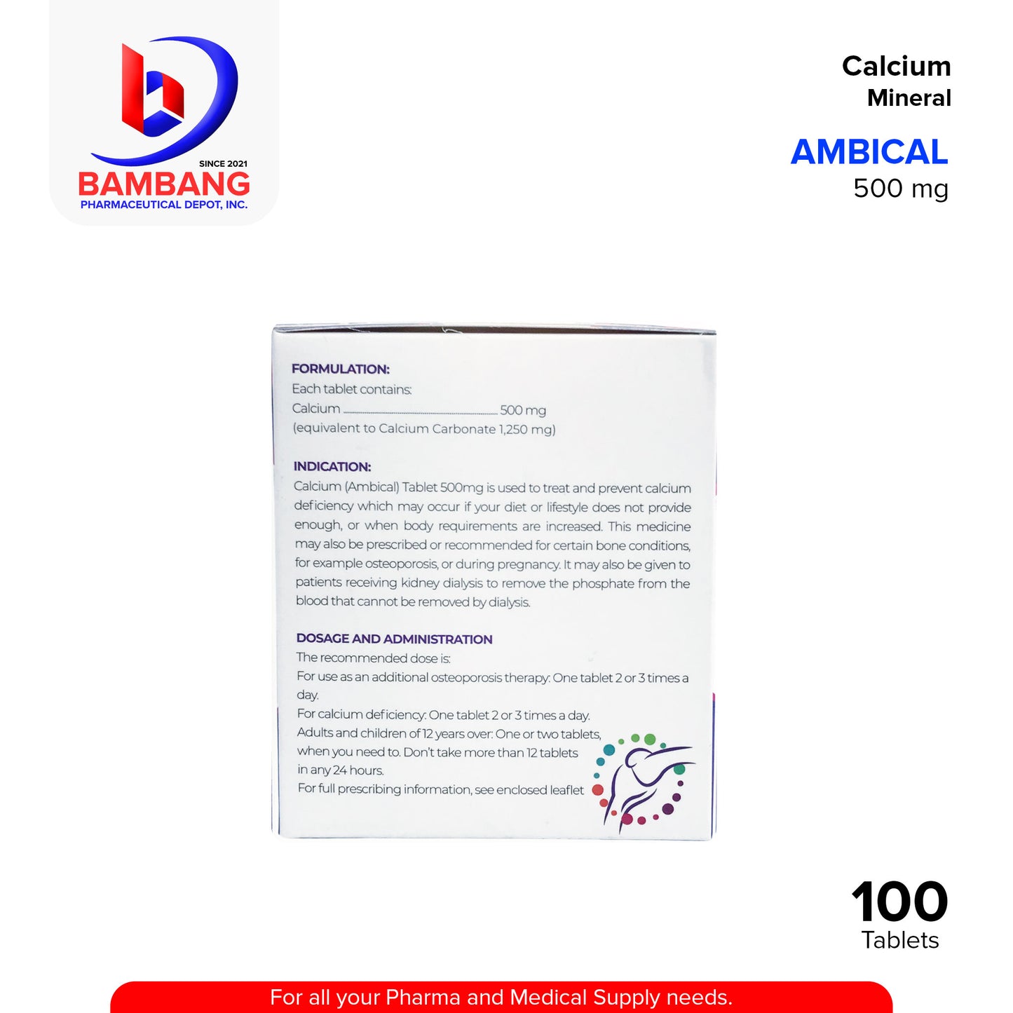 AMBICAL Calcium Mineral 500mg Tablet 100's