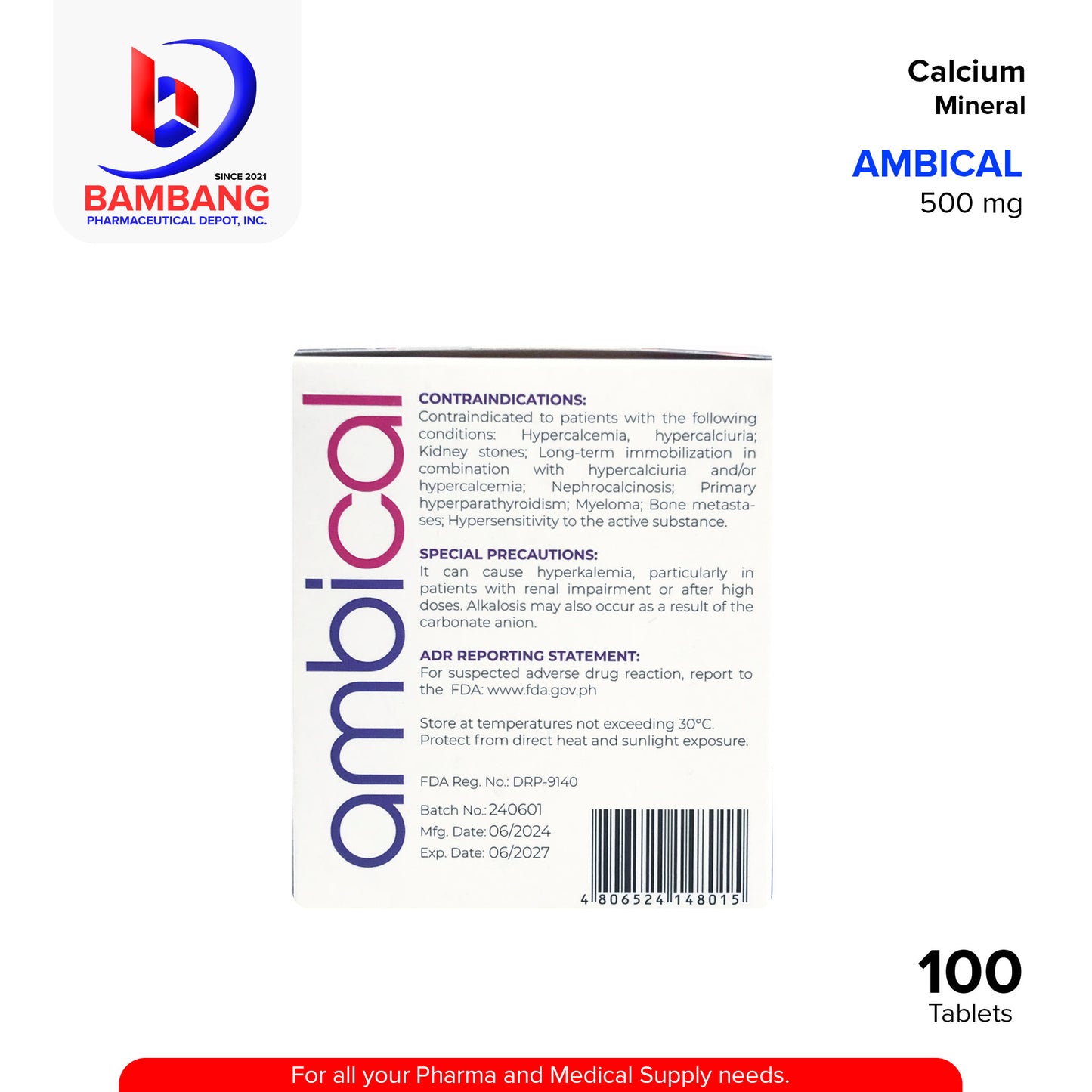 AMBICAL Calcium Mineral 500mg Tablet 100's