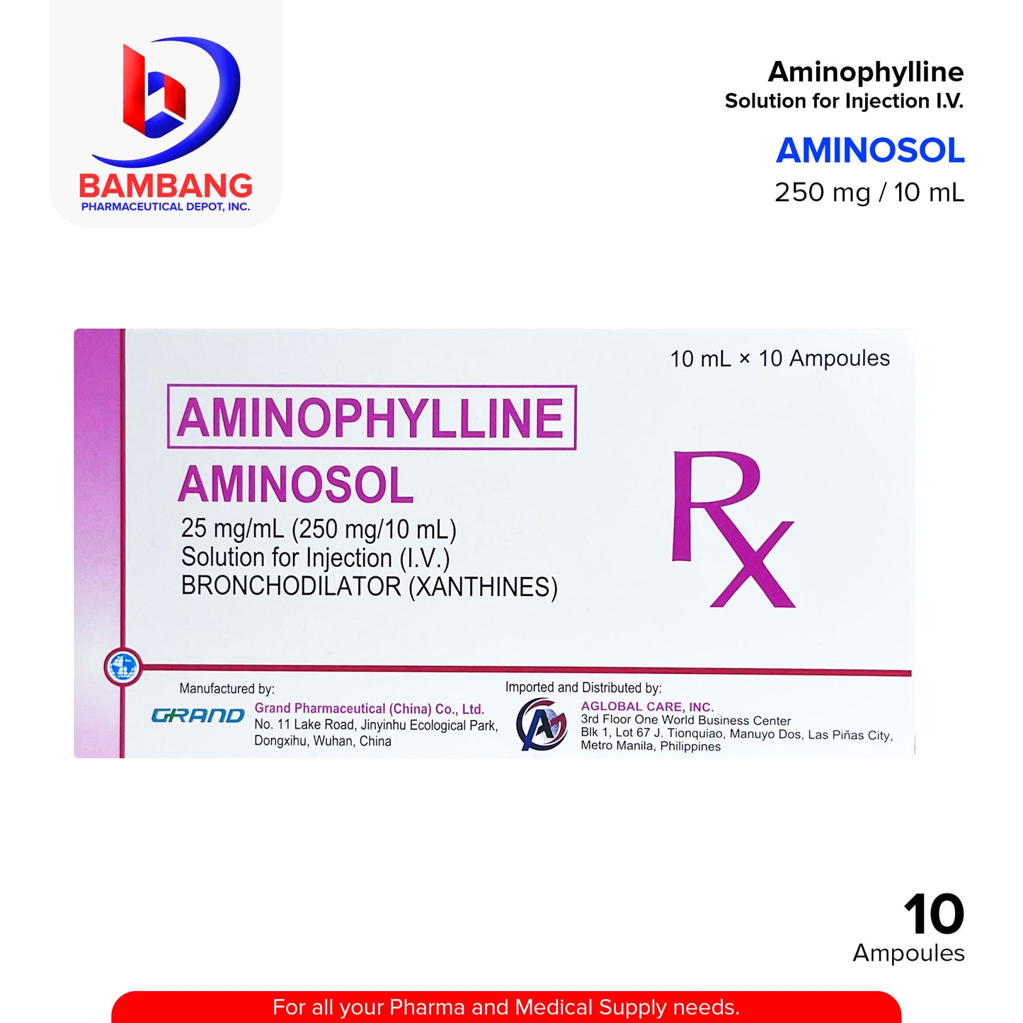 AMINOSOL Aminophylline 25 mg / mL (250mg / 10mL) Solution for Injection I.V. Bronchodilator Ampoules 10's