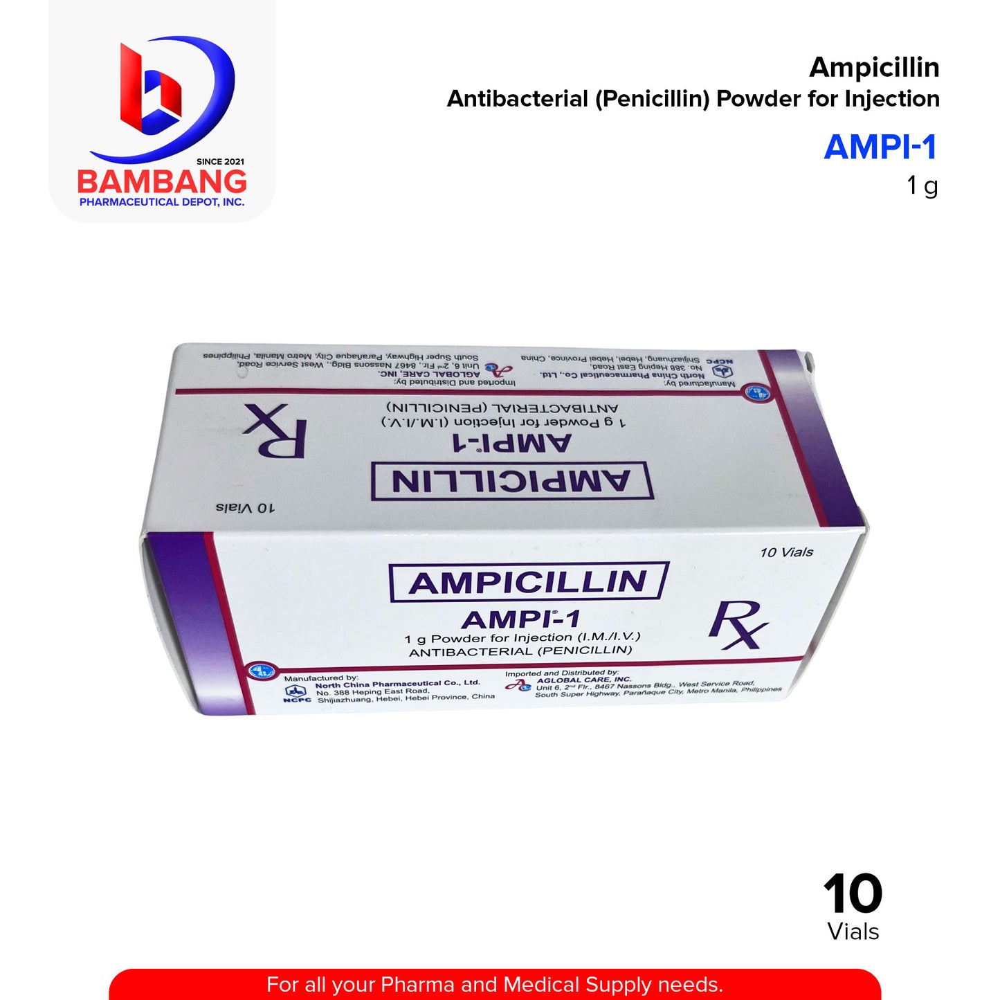AMPI-1 Ampicillin Antibacterial 1g Powder for Injection (IM/IV) Penicillin Vials 10's