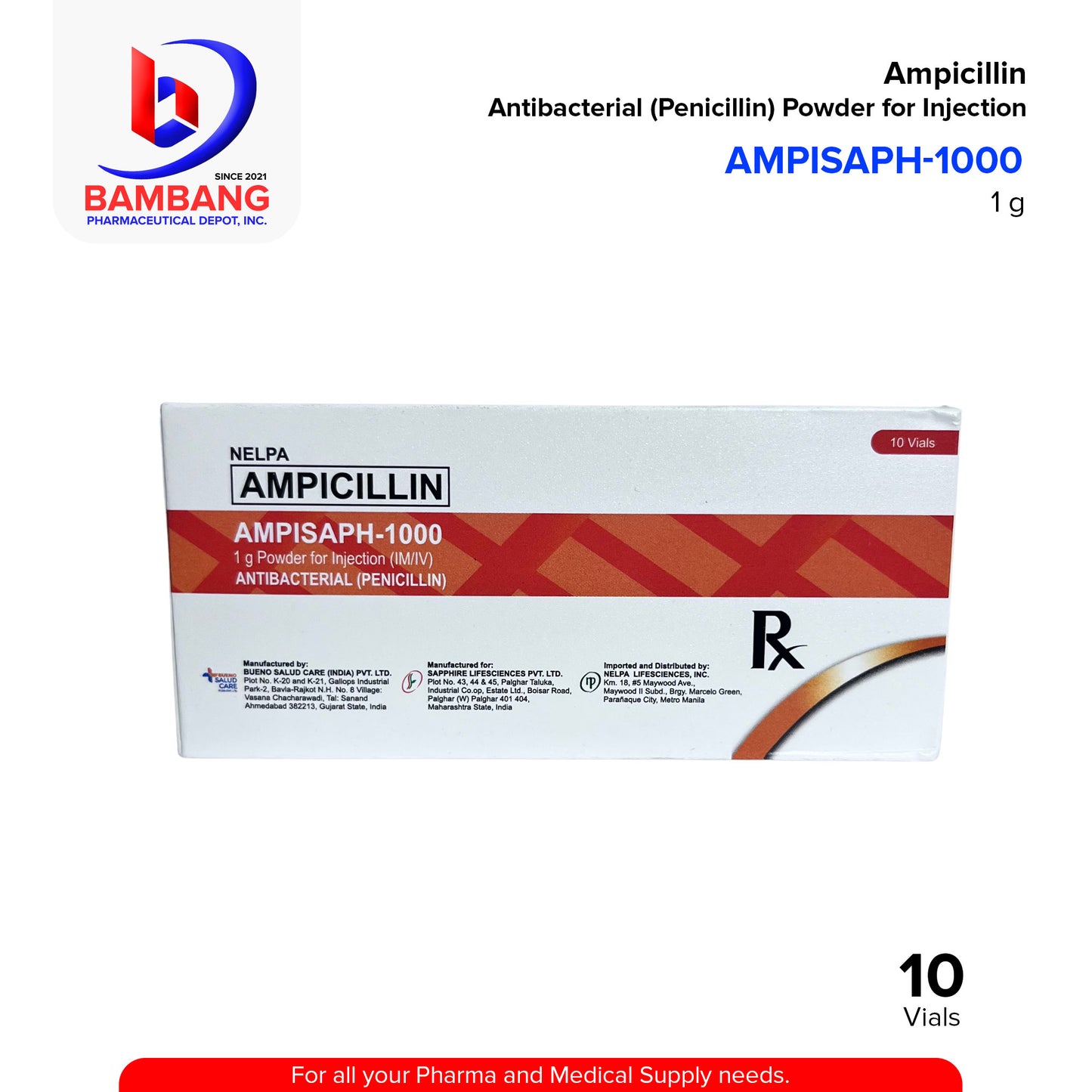 AMPISAPH-1000 Ampicillin 1g Powder For Injection (IM/IV) Antibacterial Vial 10's