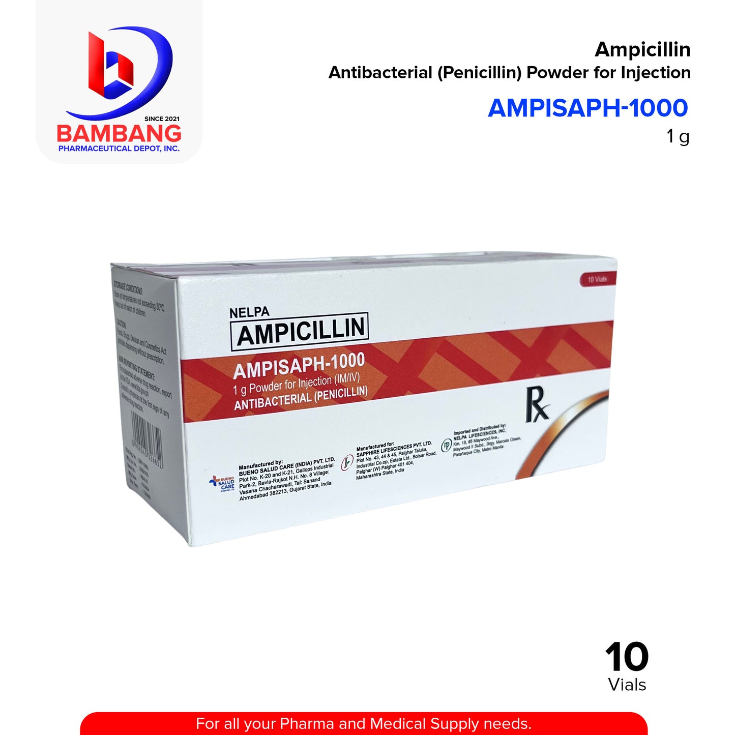 AMPISAPH-1000 Ampicillin 1g Powder For Injection (IM/IV) Antibacterial Vial 10's