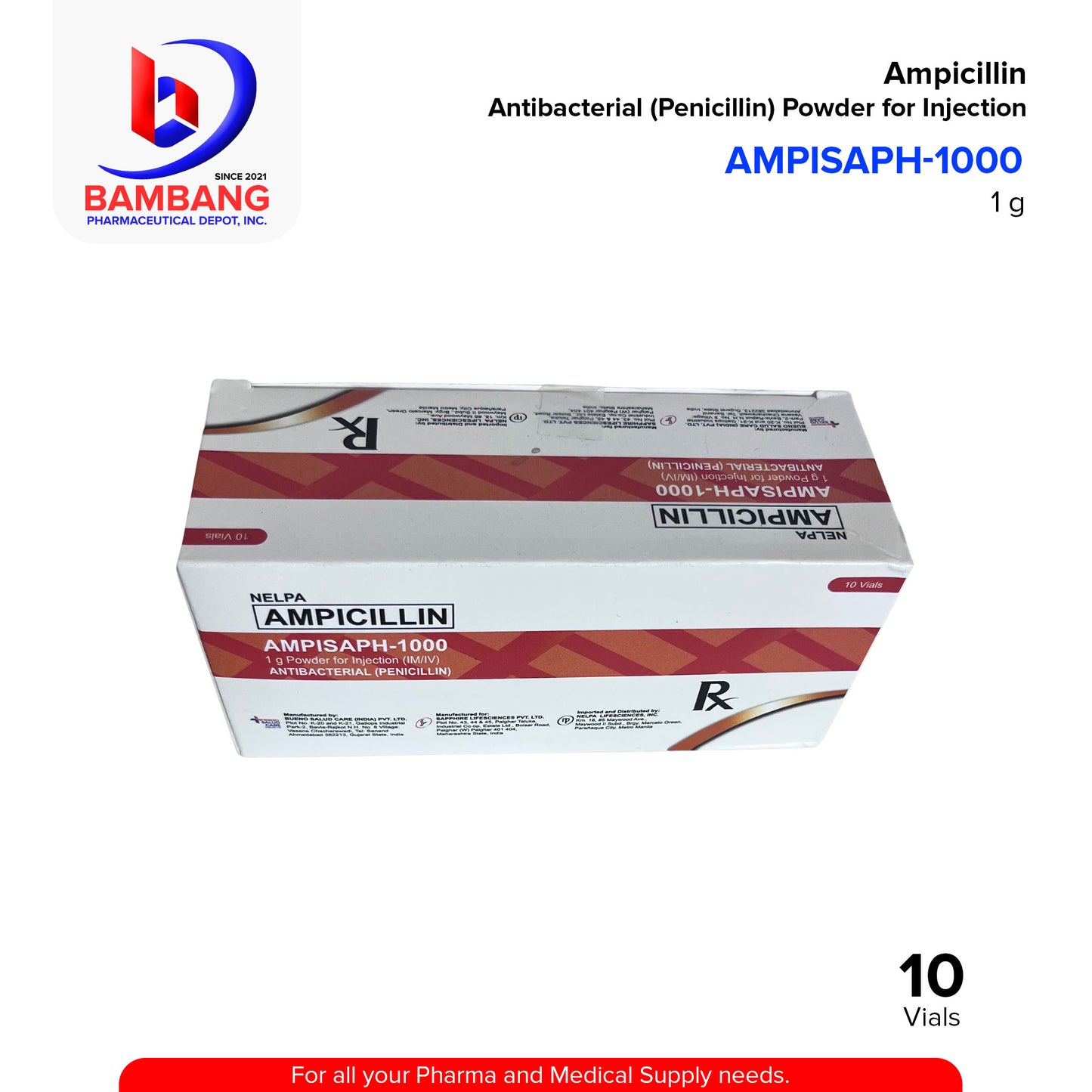 AMPISAPH-1000 Ampicillin 1g Powder For Injection (IM/IV) Antibacterial Vial 10's