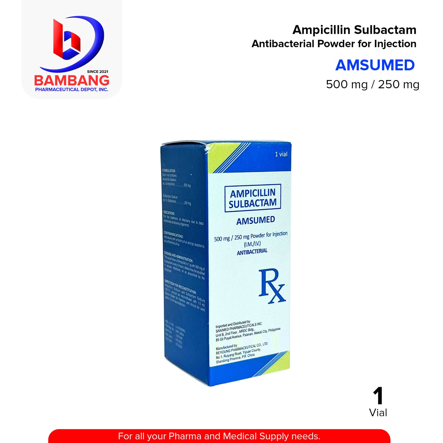 AMSUMED Ampicillin Sulbactam Antibacterial Powder for Injection 500mg / 250 mg I.M / I.V