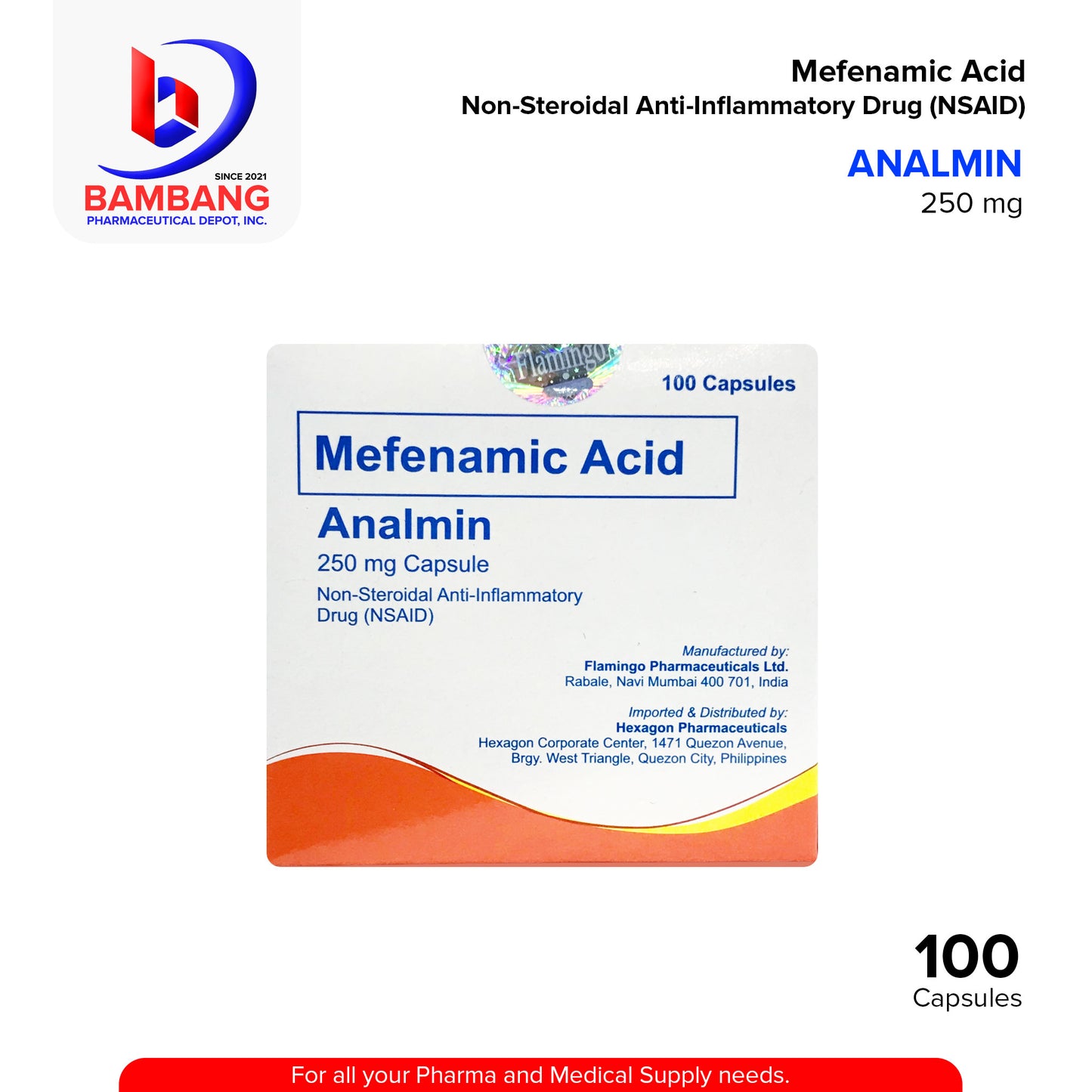 ANALMIN Mefenamic Acid 250 mg Non Steroidal Anti Inflammatory Drug NSAID Capsule 100's
