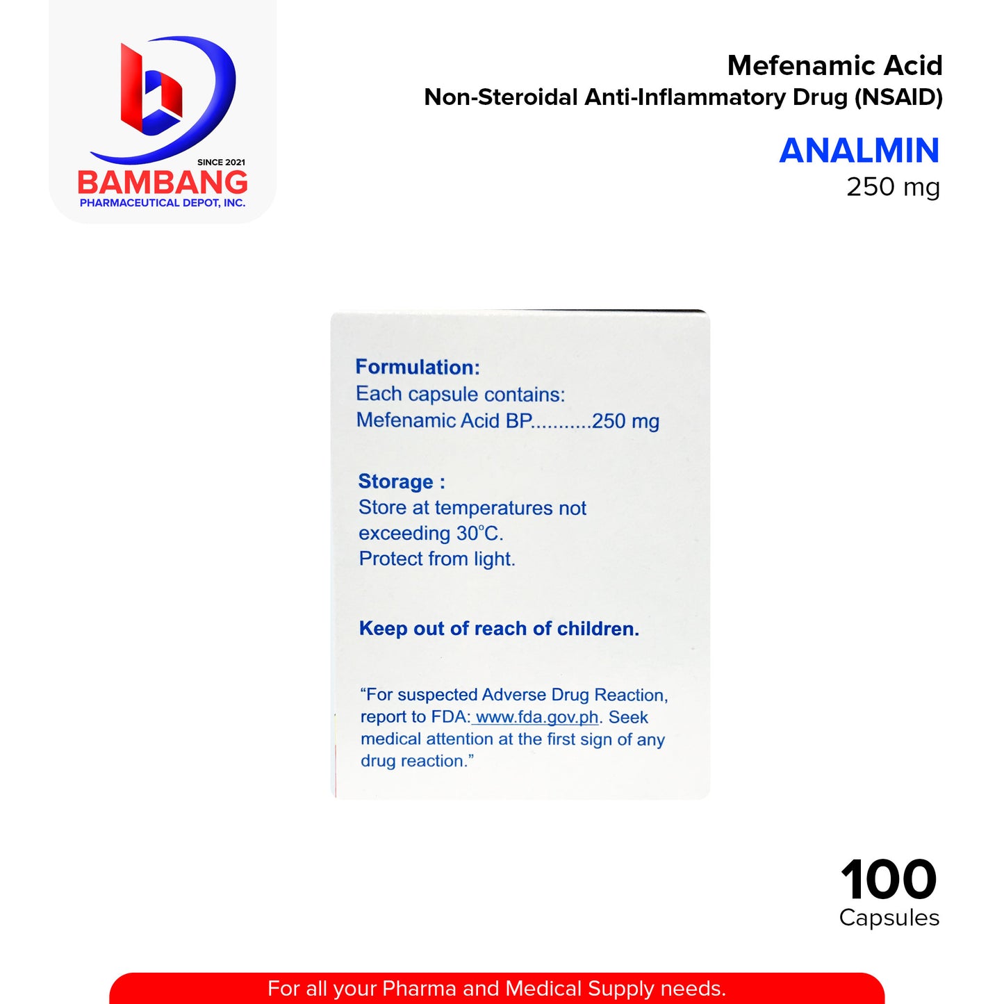 ANALMIN Mefenamic Acid 250 mg Non Steroidal Anti Inflammatory Drug NSAID Capsule 100's