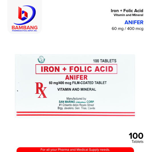 ANIFER Iron + Folic Acid Vitamin and Mineral 60 mg / 400 mcg Tablet 100's