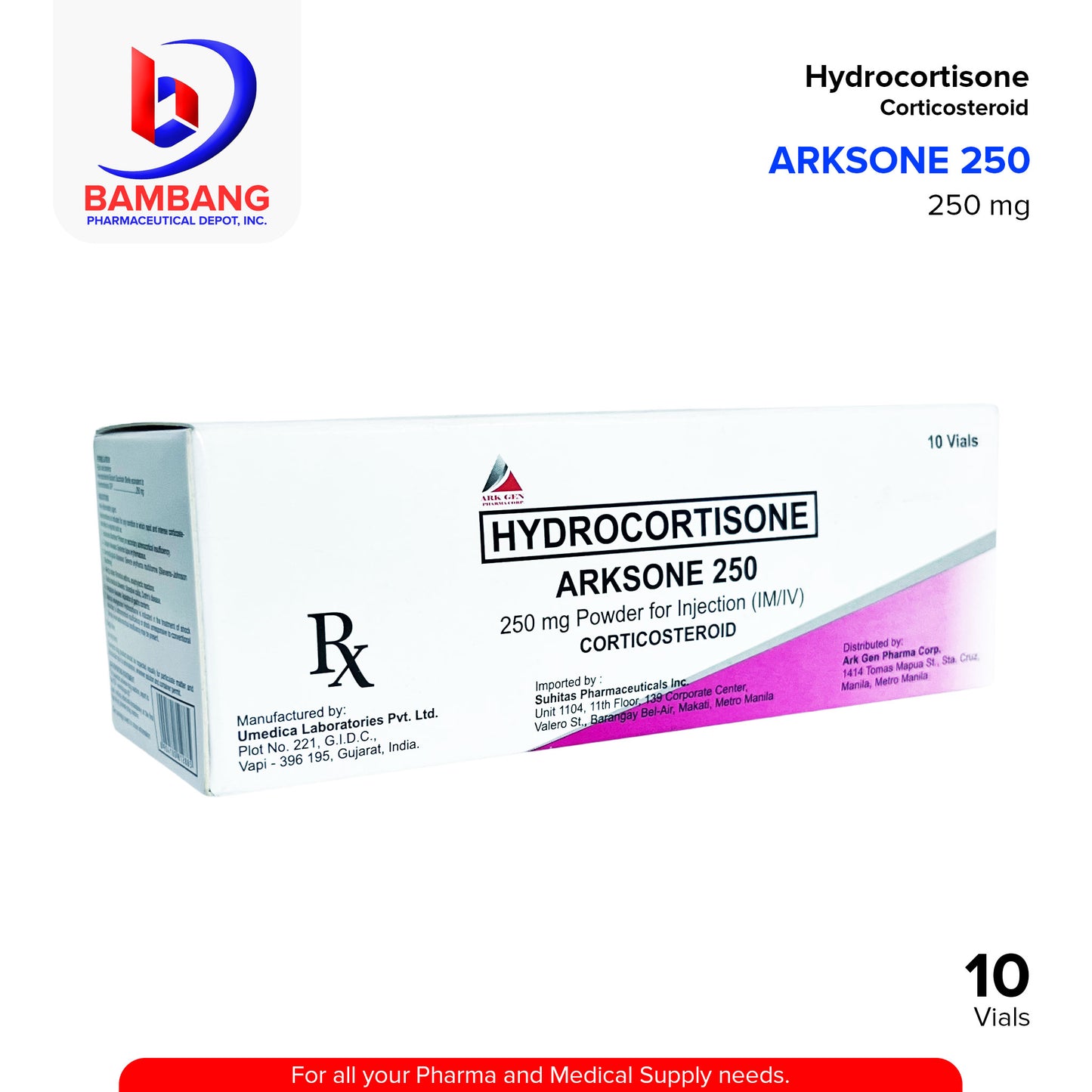 ARKSONE Hydrocortisone 250mg Powder For Injection IM/IV Vials 10's
