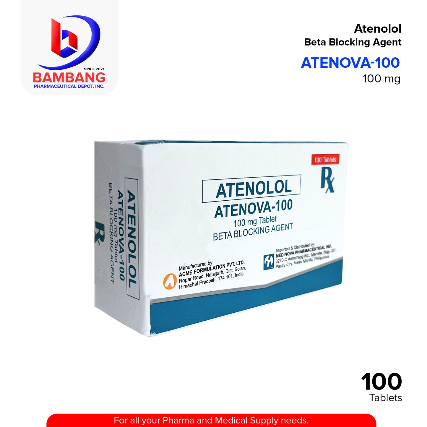 ATENOVA-1000 Atenolol Beta Blocking Agent 100mg Tablet 100's