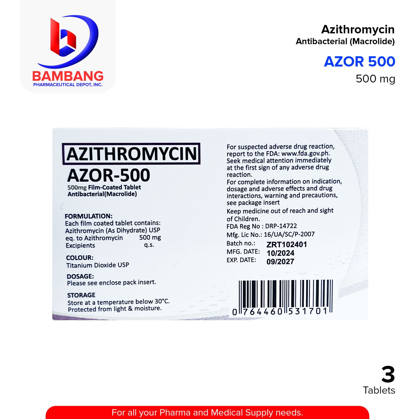 AZOR Azithromycin 500mg Film Coated Antibacterial Macrolide 3's