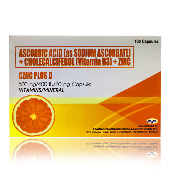 Ascorbic Acid (as Sodium Ascorbate) + Cholecalciferol (Vitamin D3) +Zinc (CZNC Plus D) 500mg/400IU/20mg Capsules 100's