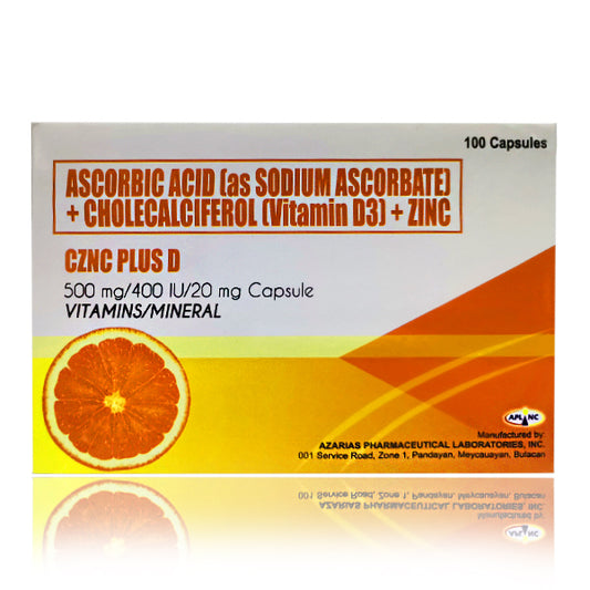 Ascorbic Acid (as Sodium Ascorbate) + Cholecalciferol (Vitamin D3) +Zinc (CZNC Plus D) 500mg/400IU/20mg Capsules 100's
