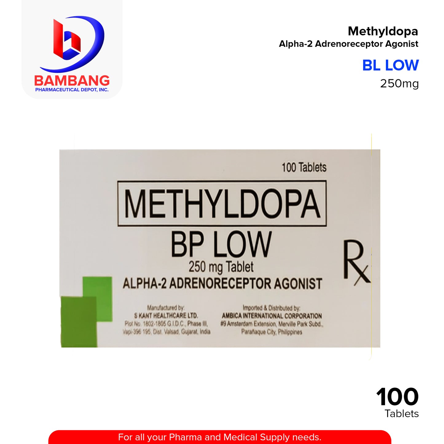 BP LOW Methyldopa 250mg Alpha 2 Adrenoreceptor Agonist Tablet 100's