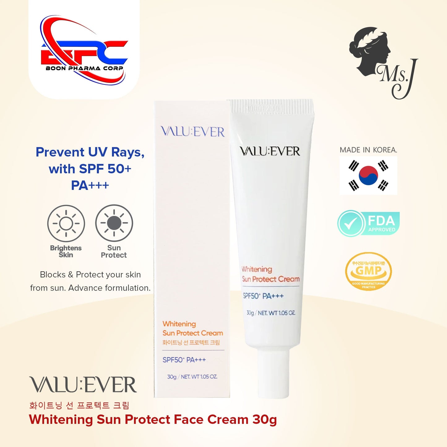 VALU:EVER Whitening Sun Protect Cream 30g SPF50+ PA+++ Korean Sunscreen
