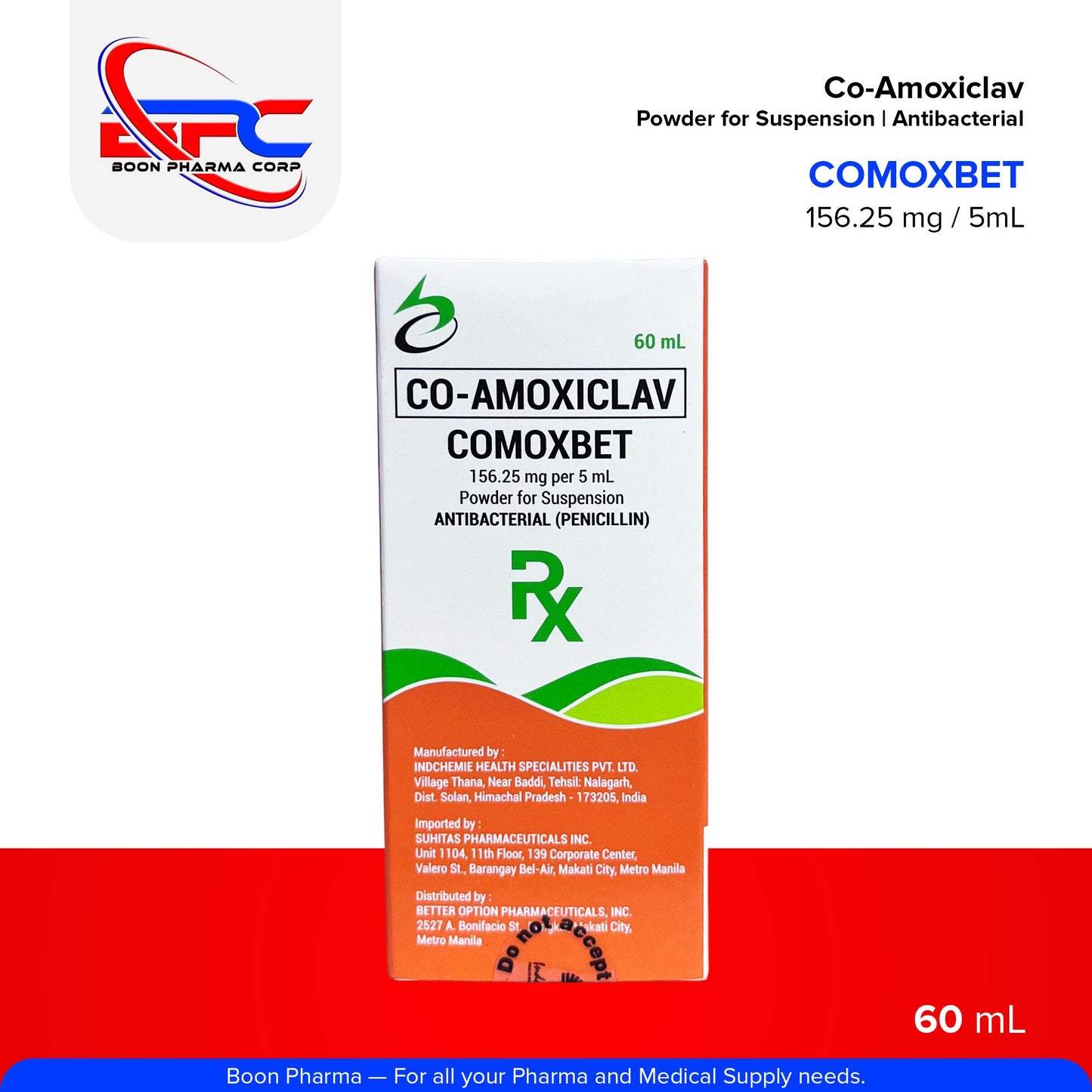 COMOXBET Co-Amoxiclav 156.25 mg per 5 mL Powder for Suspension Antibacterial Penicillin 60mL