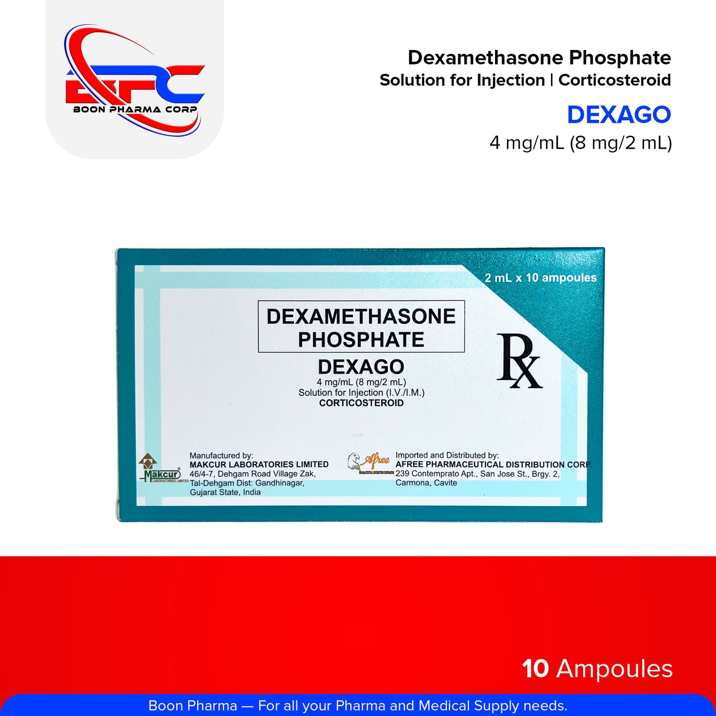 DEXAGO Dexamethasone Phosphate Solution for Injection (IV./I.M) Corticosteroid 4 mg/mL (8 mg/2 mL) 10 Ampoules