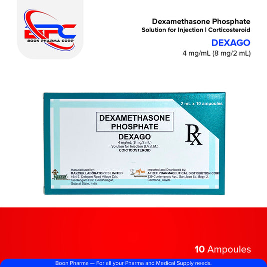 DEXAGO Dexamethasone Phosphate Solution for Injection (IV./I.M) Corticosteroid 4 mg/mL (8 mg/2 mL) 10 Ampoules