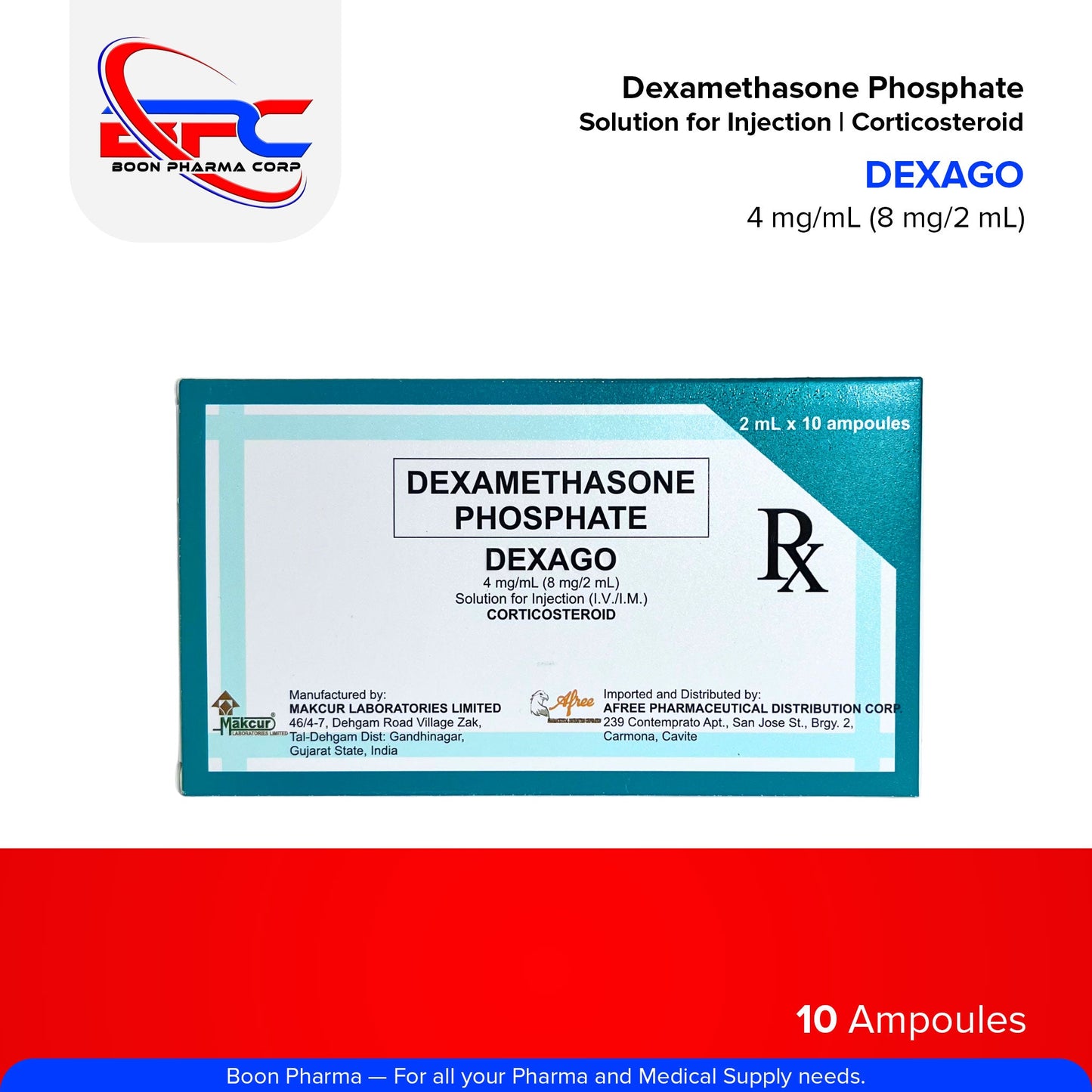 DEXAGO Dexamethasone Phosphate Solution for Injection (IV./I.M) Corticosteroid 4 mg/mL (8 mg/2 mL) 10 Ampoules