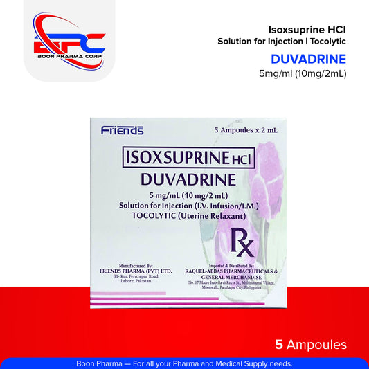 DUVADRINE Isoxsuprine HCI 5mg/ml (10mg/2ml) Solution for Injection (I.V Infusion/I.M) Tocolytic Uterine Relaxant 5 Ampoules
