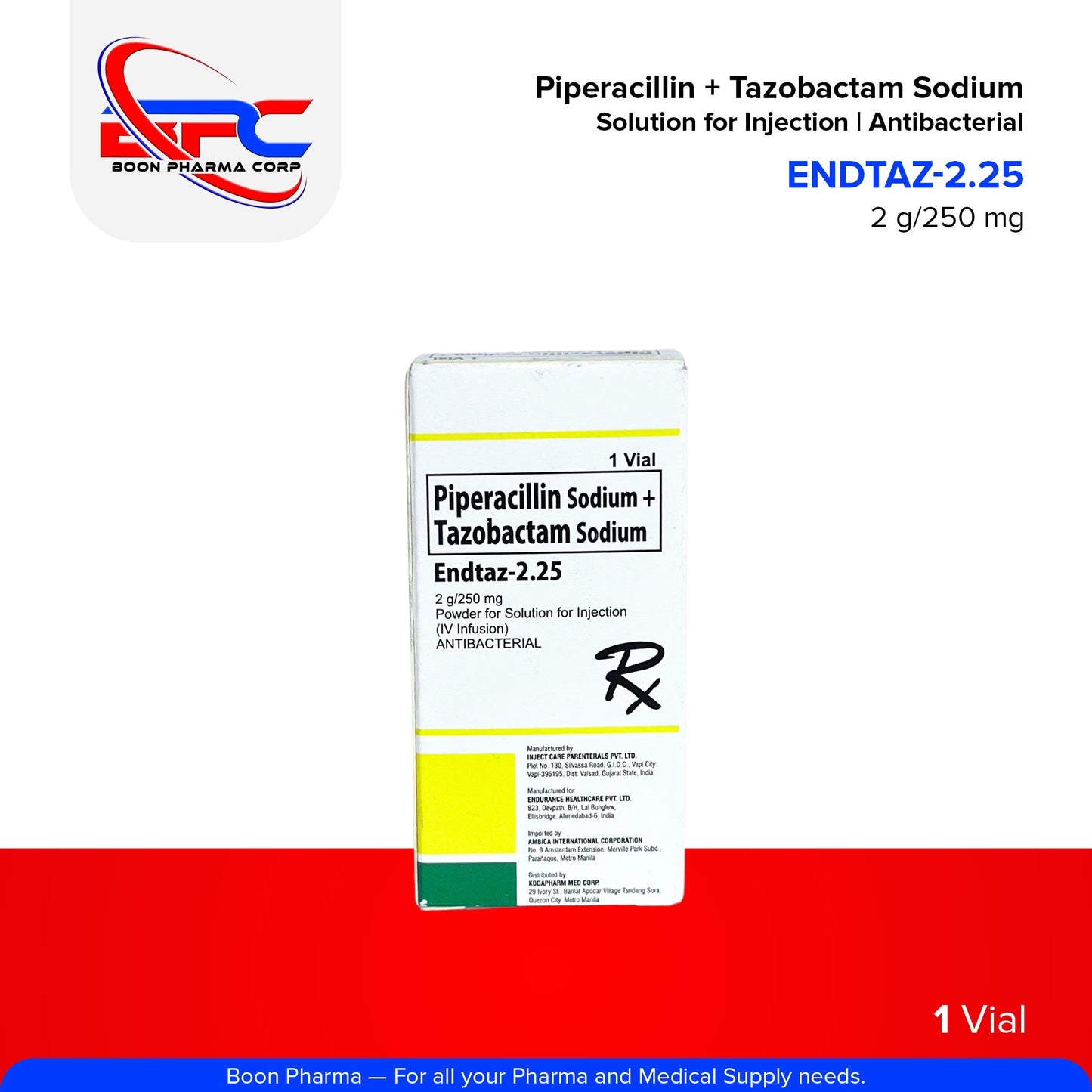 ENDTAZ-2.25 Piperacillin Sodium + Tazobactam Sodium Powder for Solution for Injection (IV Infusion) Antibacterial 1 Vial