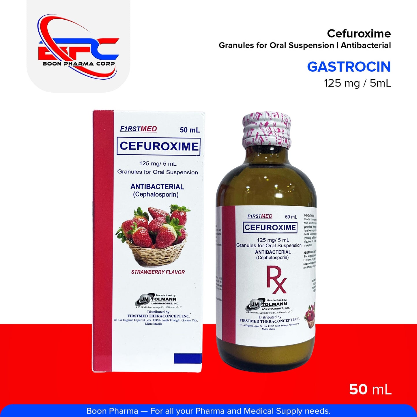 FIRSTMED Cefuroxime Granules for Oral Suspension Antibacterial Cephalosporin 125mg / mL Strawberry Flavor 50mL