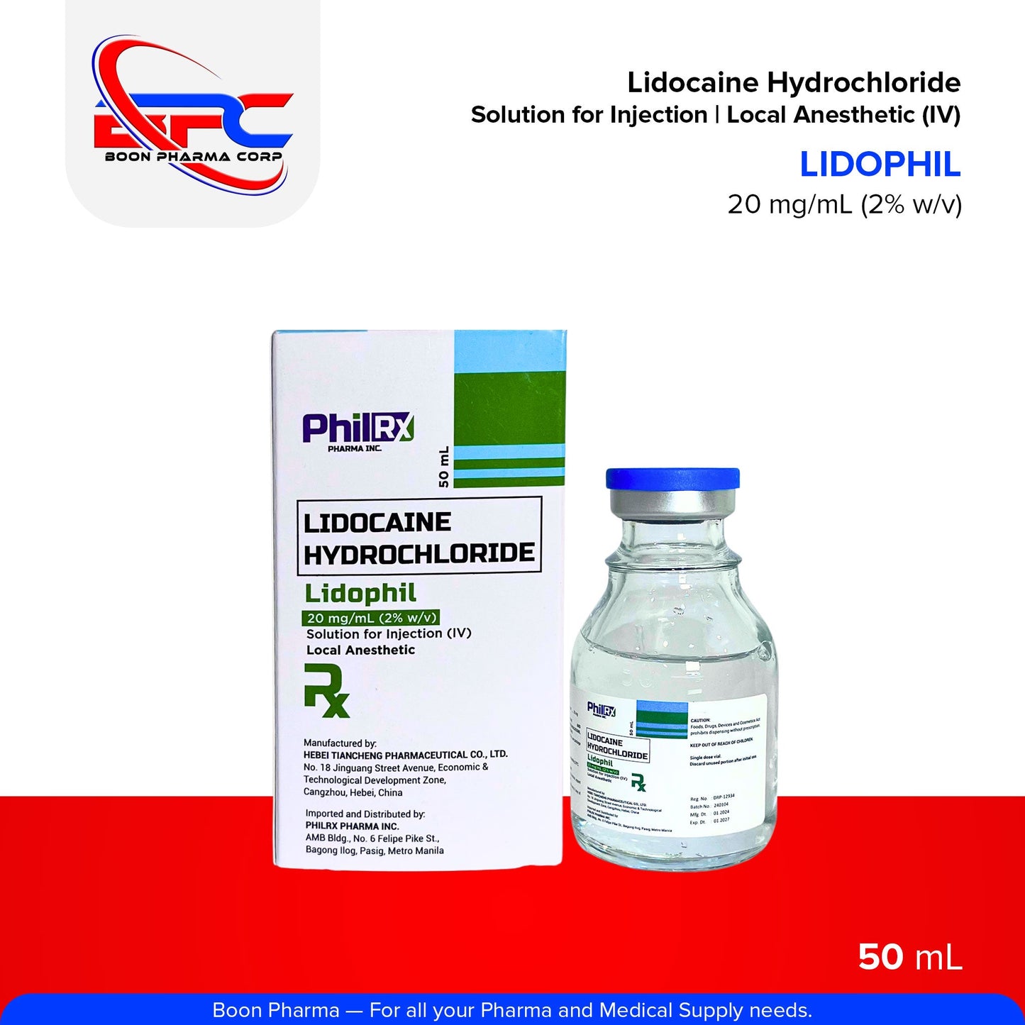 LIDOPHIL Lidocaine Hydrochloride Solution for Injection Local Anesthetic (IV) 20 mg/mL (2% w/v) 50mL
