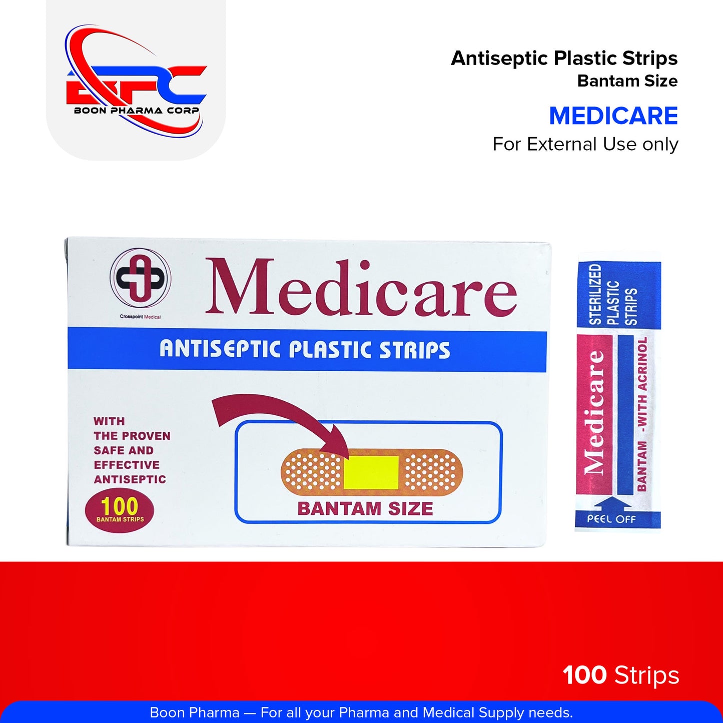 MEDICARE Band Aid Antiseptic Plastic Strips with Acrinol Bantam Size Strips 100's