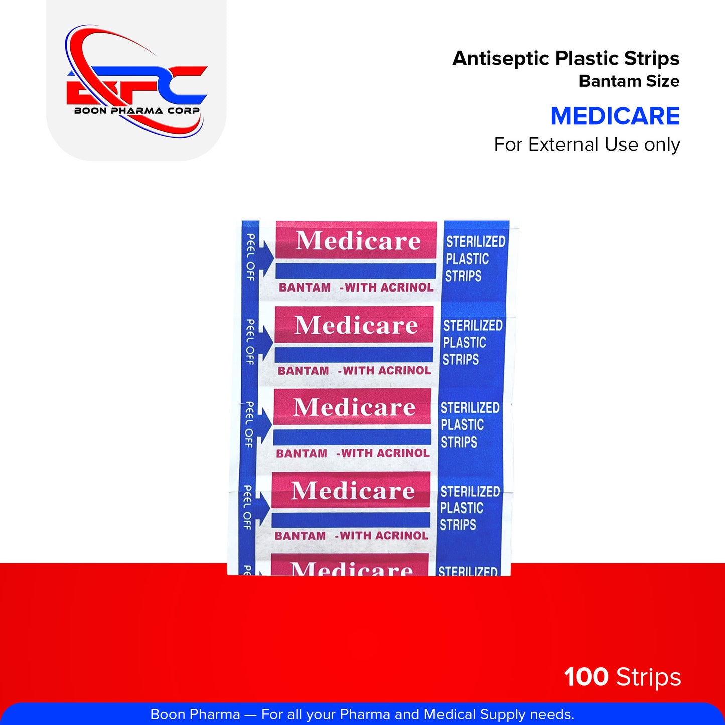 MEDICARE Band Aid Antiseptic Plastic Strips with Acrinol Bantam Size Strips 100's