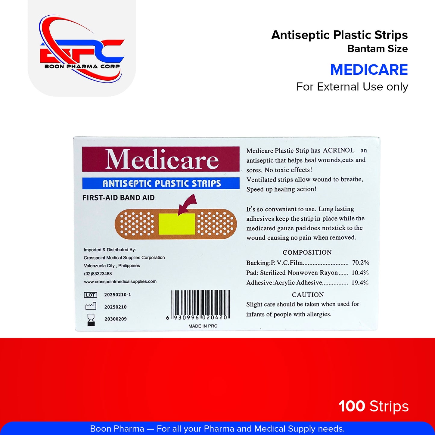 MEDICARE Band Aid Antiseptic Plastic Strips with Acrinol Bantam Size Strips 100's