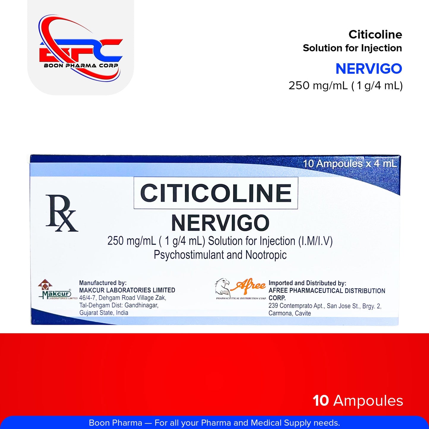 NERVIGO Citicoline Solution for Injection 250 mg/mL (1 g/4 mL) Pyschostimulant and Nootropic 10 Ampoules