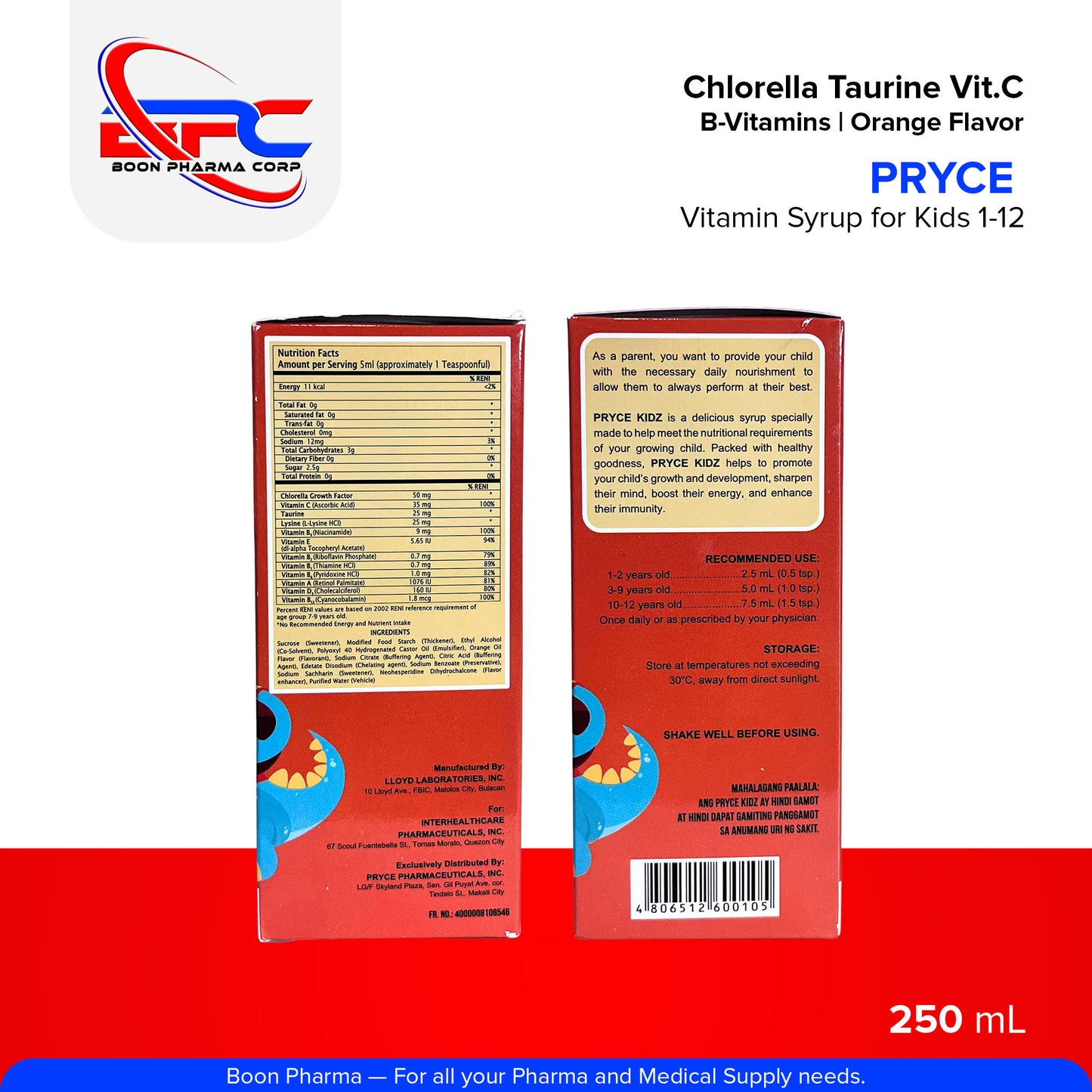 PRYCE Chlorella Taurine Vitamin C B-Vitamins Orange Flavor Orang Flavor Syrup Kids Food Supplement