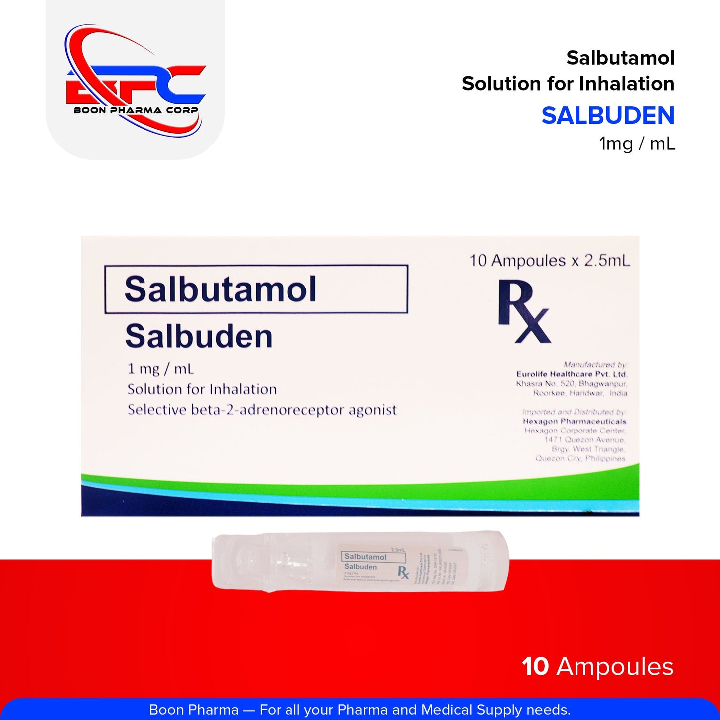 SALBUDEN Salbutamol 1mg / mL Solution for Inhalation Selective beta-2-adrenoreceptor agonist 10 Ampoules x 2.5mL