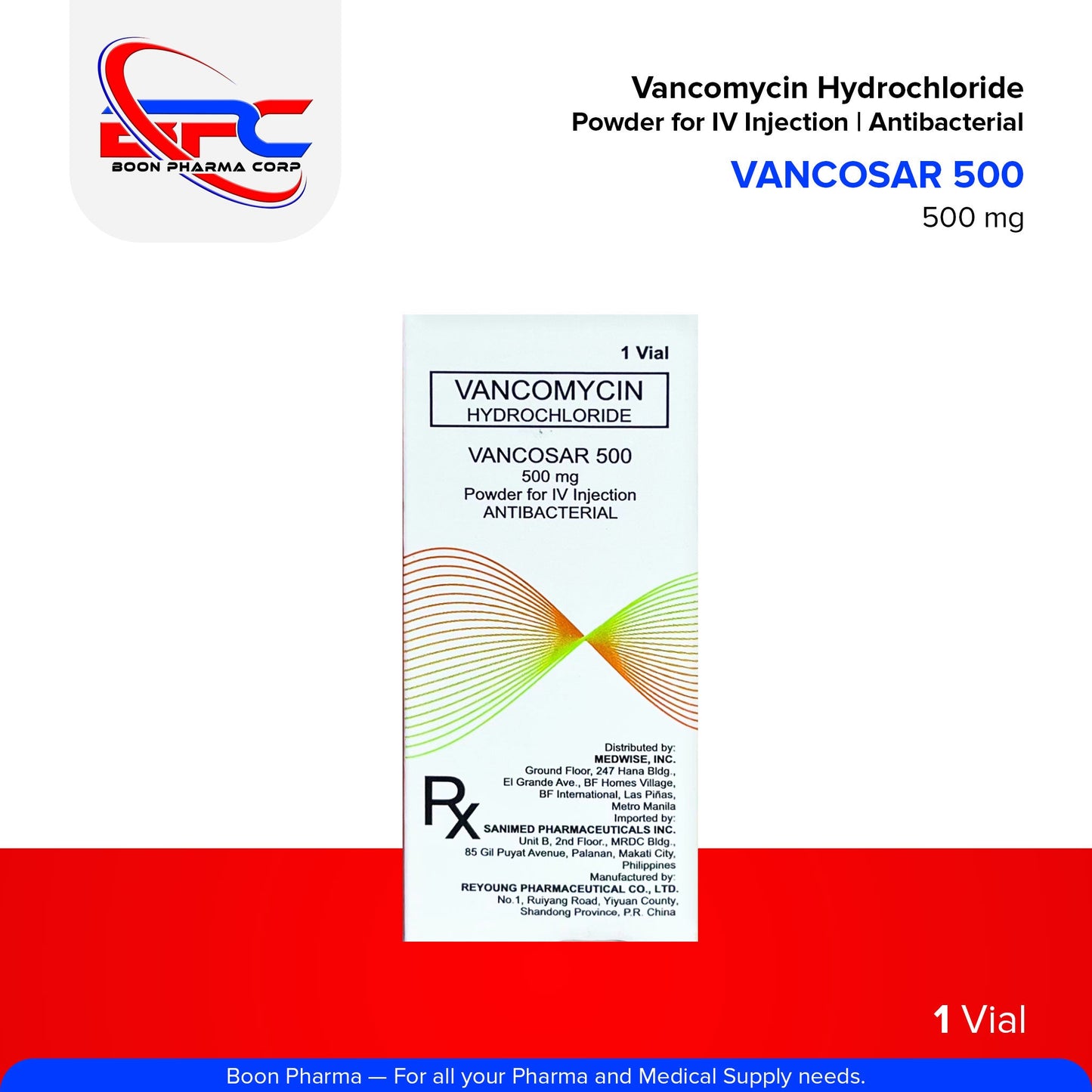 VANCOSAR 500 Vancomycin Hydrochloride Powder for IV Injection Antibacterial 500mg 1 Vial