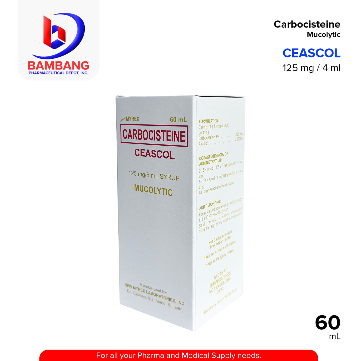 CEASCOL Carbocisteine Mucolytic 125 mg / 4 mL Syrup 60mL