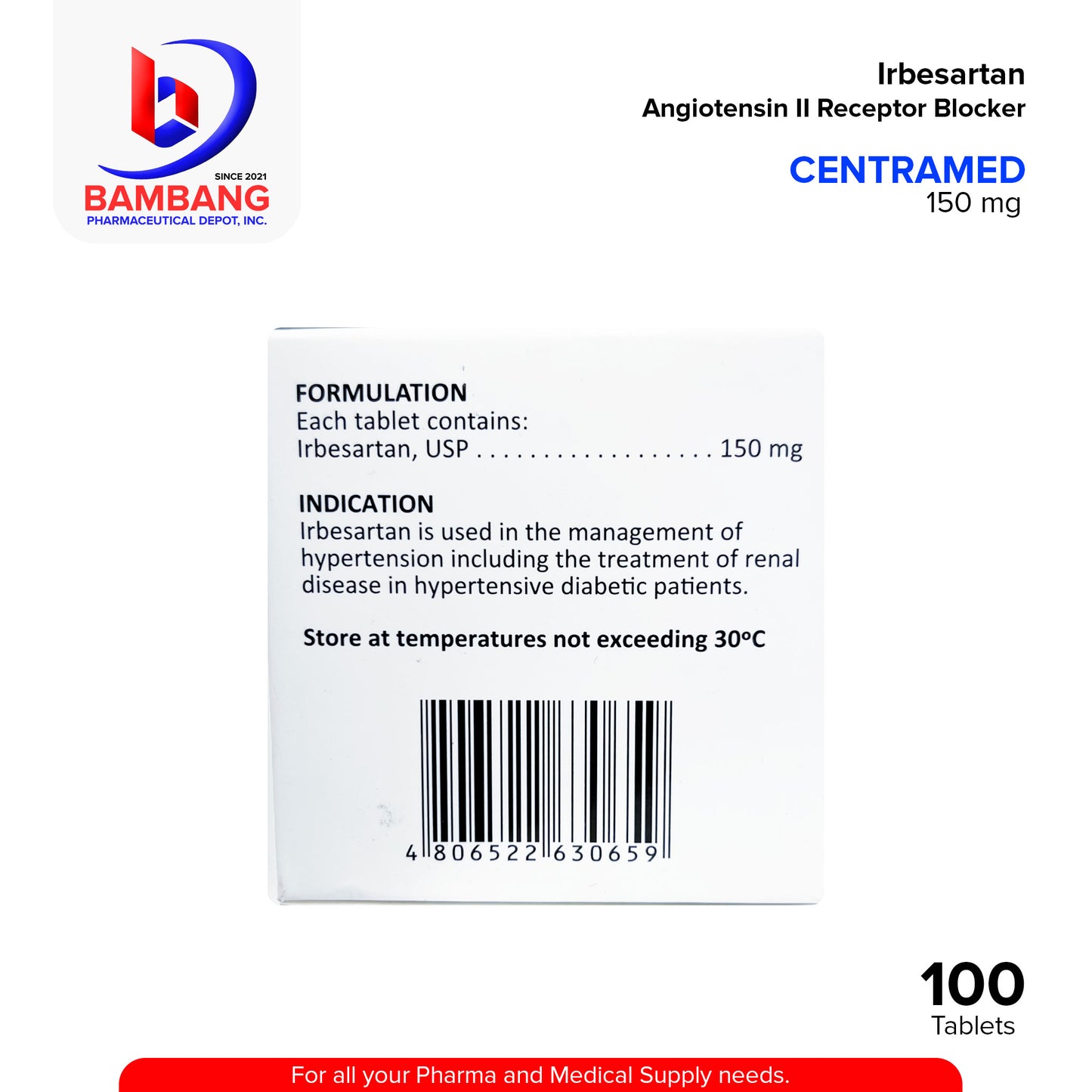 CENTRAMED Irbesartan Angiotensin II Receptor Blocker 150 mg Tablet 100's