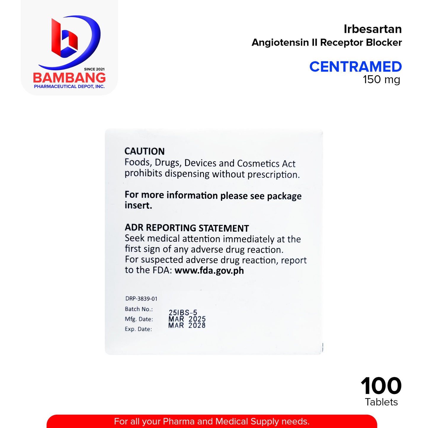 CENTRAMED Irbesartan Angiotensin II Receptor Blocker 150 mg Tablet 100's