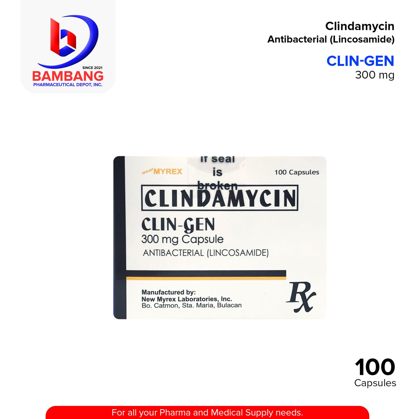 CLIN-GEN Clindamycin Antibacterial Lincosamide 300mg Capsule 100's