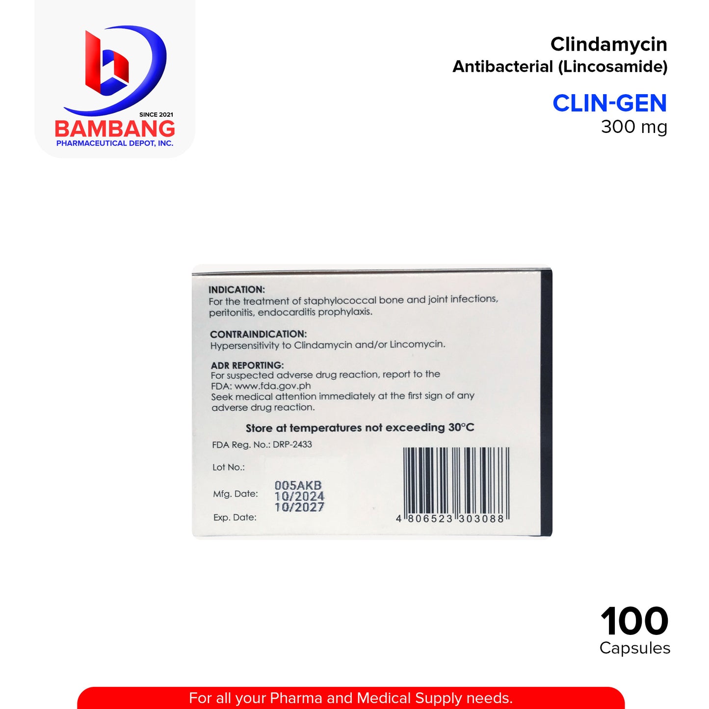 CLIN-GEN Clindamycin Antibacterial Lincosamide 300mg Capsule 100's