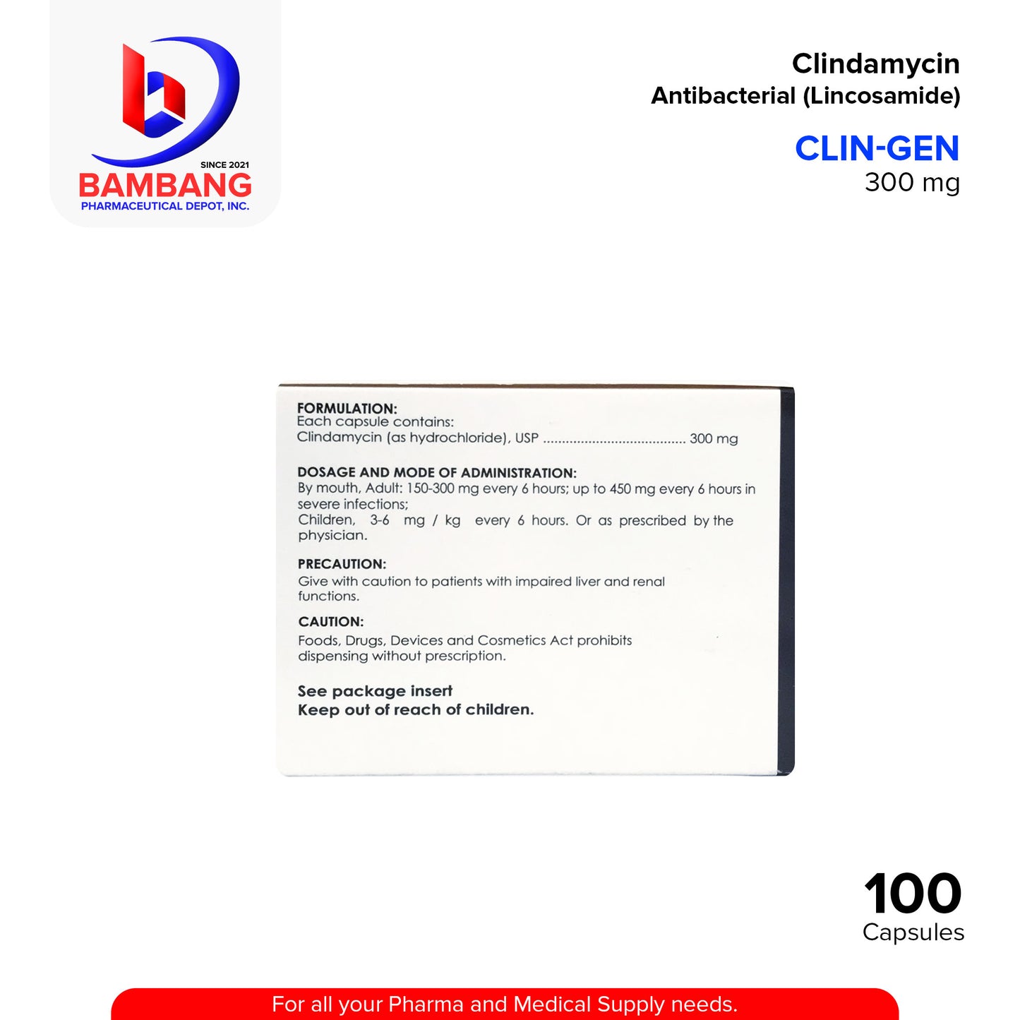CLIN-GEN Clindamycin Antibacterial Lincosamide 300mg Capsule 100's