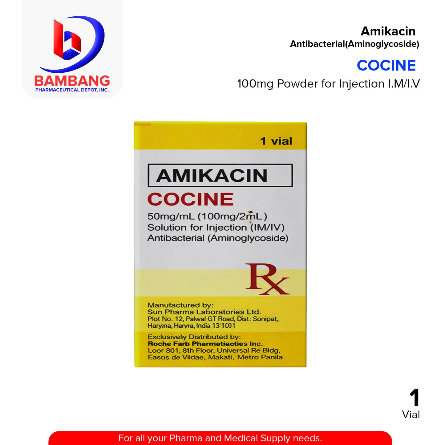 COCINE Amikacin 50mg/ml (100mg/2ml) Solution for Injection (I.M/I.V) Vial 1's