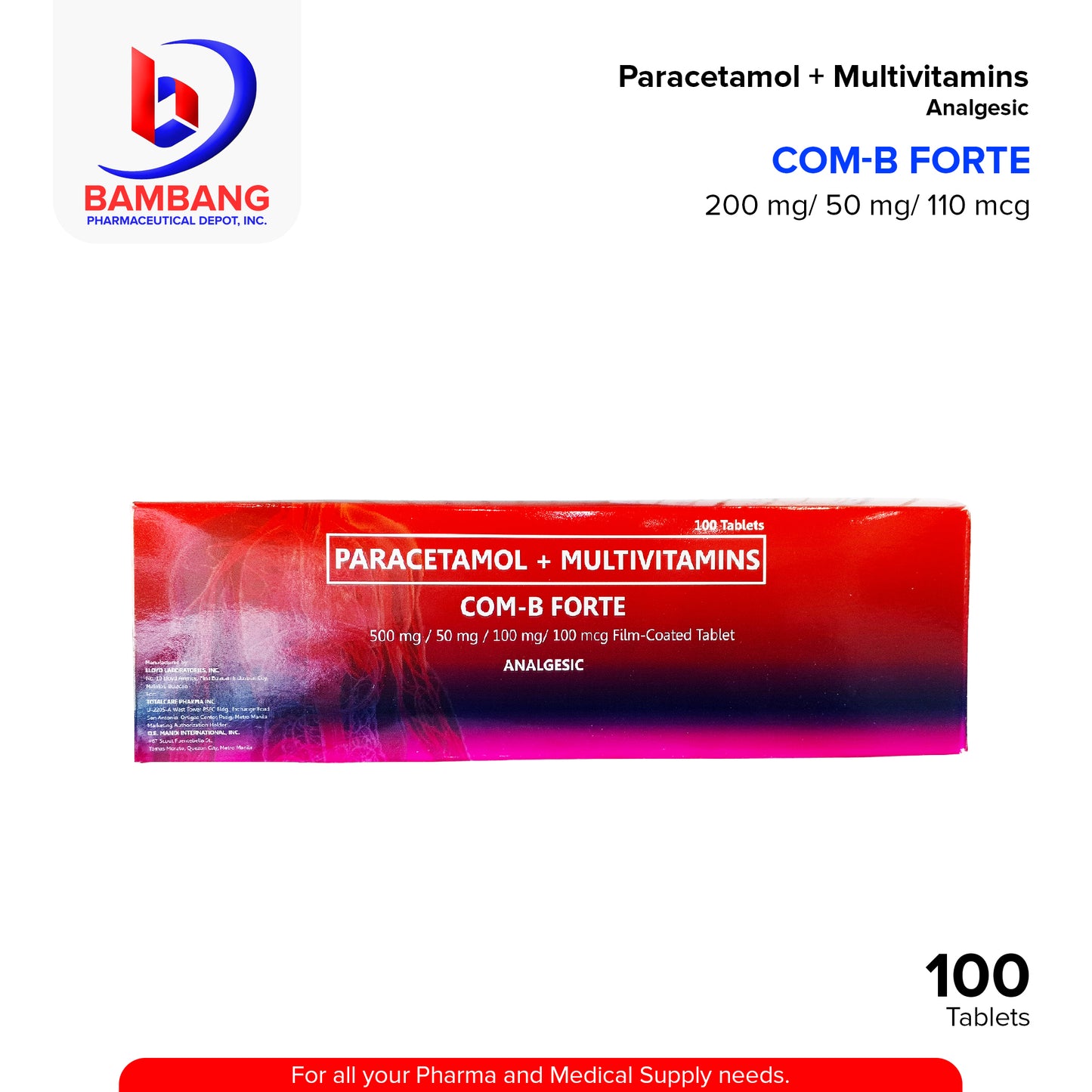 COM-B-FORTE Paracetamol Multivitamins 500mg/ 50mg/ 100mg/ 100mcg Film Coated Tablet 100's