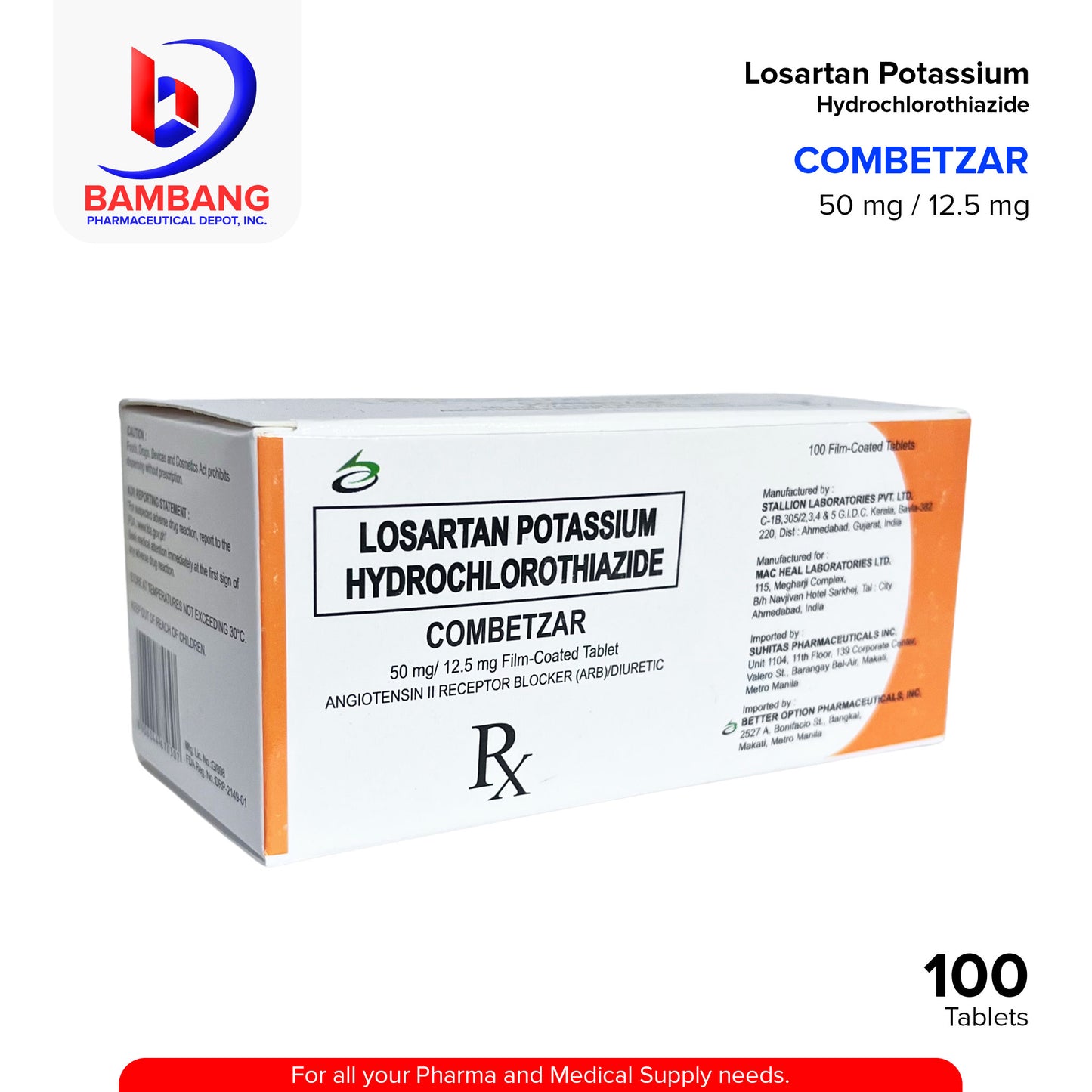 COMBETZAR Losartan Potassium Hydrochlorothiazide 50 mg / 12.5 mg Angiotensin II Receptor Blocker (ARB) Diuretic Film Coated Tablet 100's